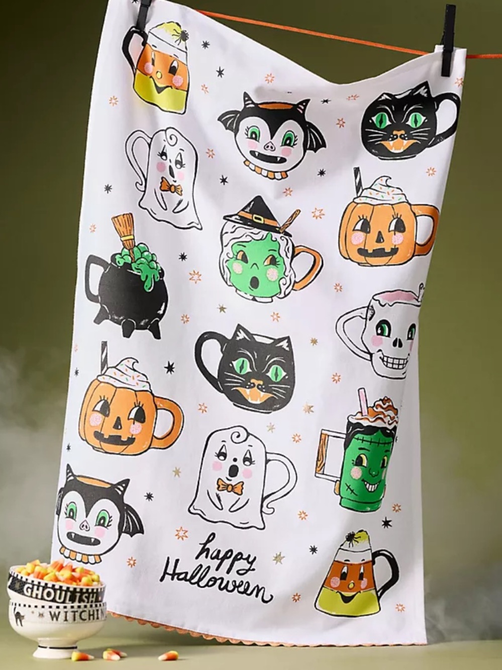 ANTHROPOLOGIE➕Spooky Friends Mugs Dish Towel NWT